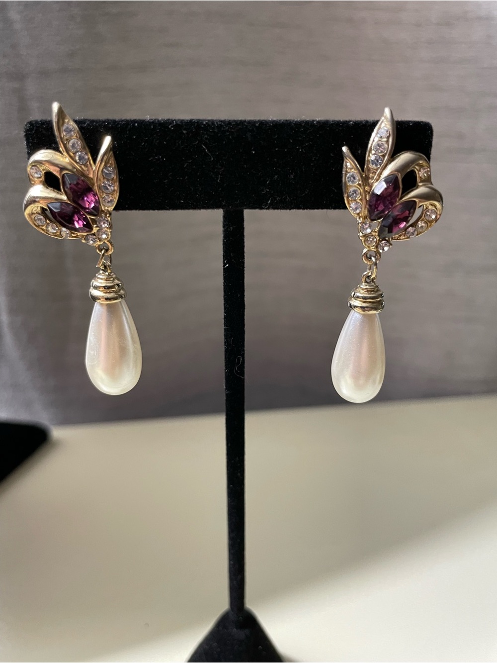 Elegant Gold-Tone Pearl Drop Earrings with Purple Crystal Accents